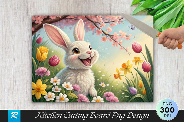 Easter Bunny with a Big Smile Surrounded by Spring Blooms Cutting Board PNG Design Sublimation Regulrcrative 