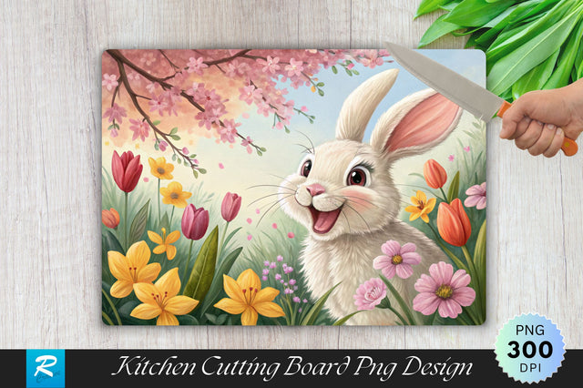 Easter Bunny with a Big Smile Surrounded by Spring Blooms Cutting Board PNG Design SVG Regulrcrative 