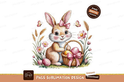 Easter Bunny With Basket Watercolor Illustration Sublimation Designangry 