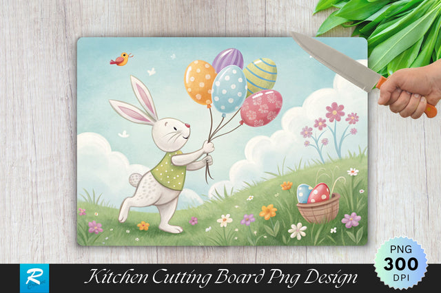 Easter Bunny with Colorful Easter Egg Balloons Cutting Board PNG Design Sublimation Regulrcrative 