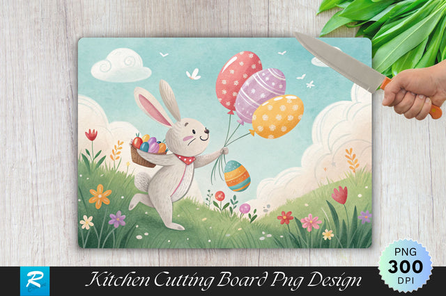 Easter Bunny with Colorful Easter Egg Balloons Cutting Board PNG Design Sublimation Regulrcrative 