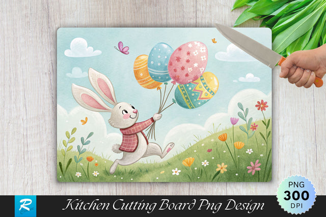 Easter Bunny with Colorful Easter Egg Balloons Cutting Board PNG Design Sublimation Regulrcrative 