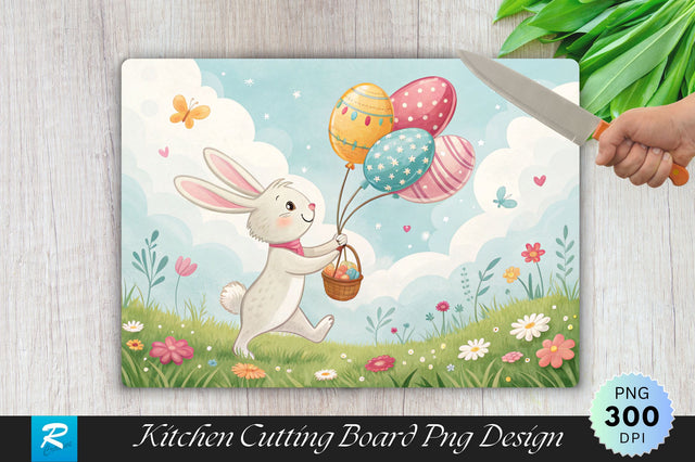 Easter Bunny with Colorful Easter Egg Balloons Cutting Board PNG Design Sublimation Regulrcrative 