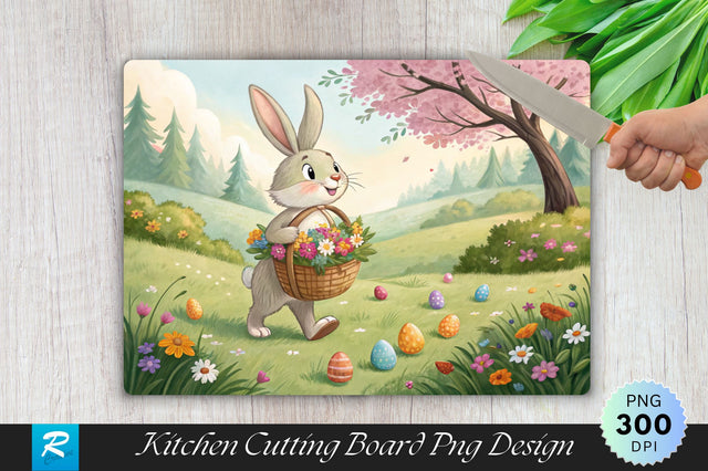 Easter Bunny with Flowers and Eggs Cutting Board PNG Design Sublimation Regulrcrative 