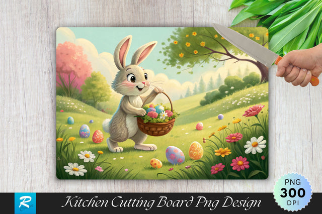 Easter Bunny with Flowers and Eggs Cutting Board PNG Design Sublimation Regulrcrative 