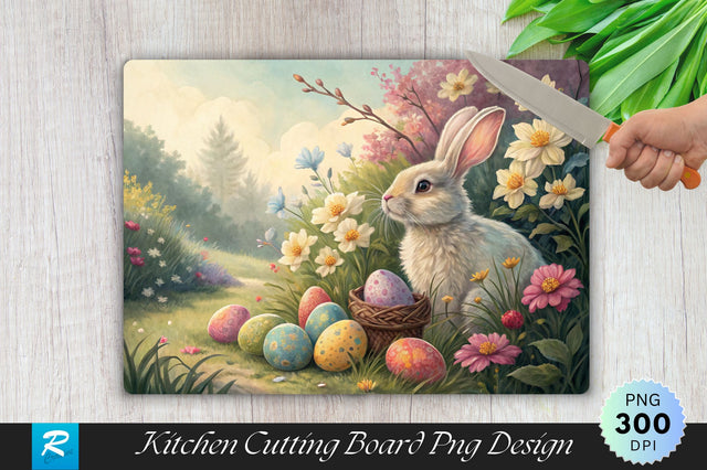 Easter Bunny with Painted Eggs and Flowers Sublimation Cutting Board Design Sublimation Regulrcrative 
