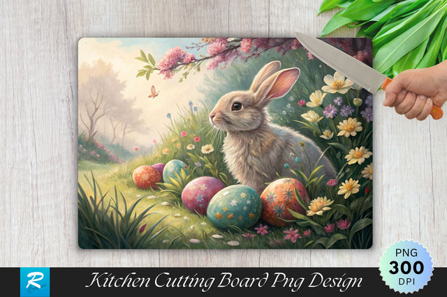 Easter Bunny with Painted Eggs and Flowers Sublimation Cutting Board Design Sublimation Regulrcrative 
