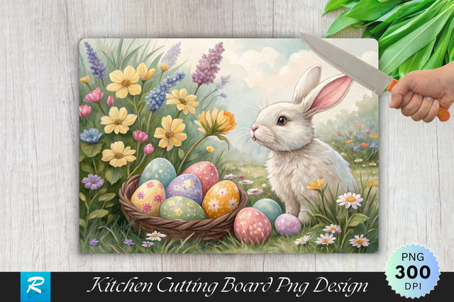 Easter Bunny with Painted Eggs and Flowers Sublimation Cutting Board Design Sublimation Regulrcrative 