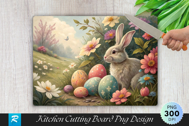 Easter Bunny with Painted Eggs and Flowers Sublimation Cutting Board Design Sublimation Regulrcrative 