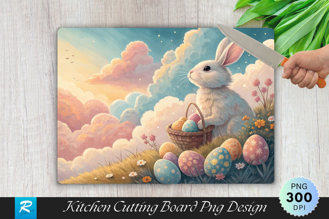 Easter Bunny with Pastel Clouds and Eggs Cutting Board PNG Design Sublimation Regulrcrative 