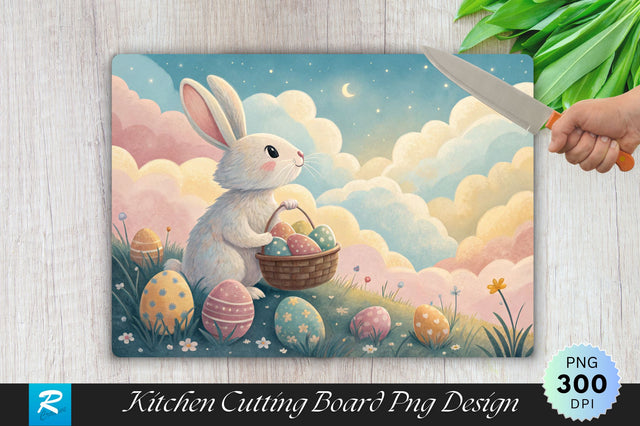Easter Bunny with Pastel Clouds and Eggs Cutting Board PNG Design Sublimation Regulrcrative 