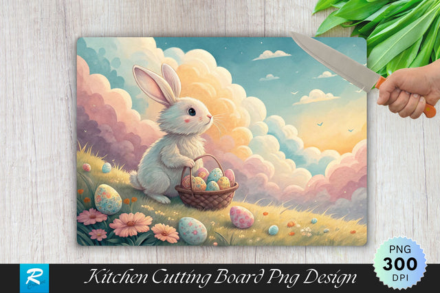 Easter Bunny with Pastel Clouds and Eggs Cutting Board PNG Design Sublimation Regulrcrative 