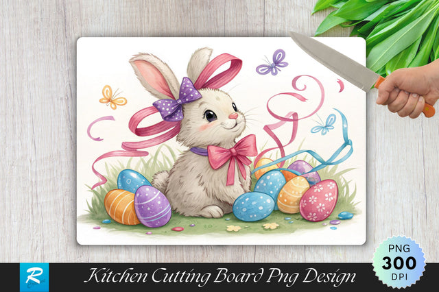 Easter Bunny with Ribbons, Bows, and Eggs Cutting Board PNG Design Sublimation Regulrcrative 