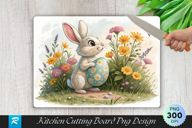 Easter Bunny with Wildflowers and Painted Egg Cutting Board PNG Design Sublimation Regulrcrative 