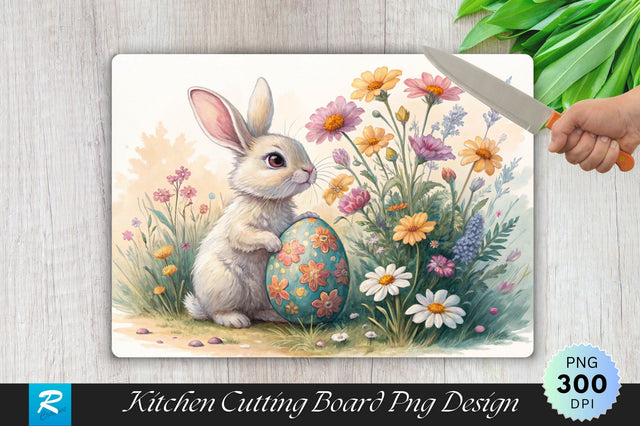 Easter Bunny with Wildflowers and Painted Egg Cutting Board PNG Design Sublimation Regulrcrative 