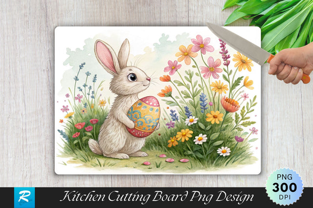 Easter Bunny with Wildflowers and Painted Egg Cutting Board PNG Design Sublimation Regulrcrative 