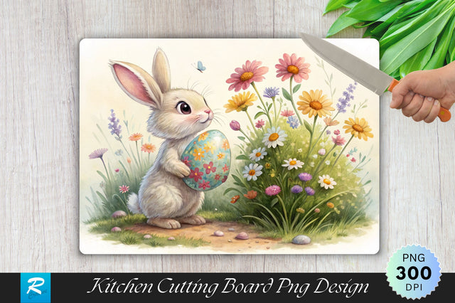 Easter Bunny with Wildflowers and Painted Egg Cutting Board PNG Design Sublimation Regulrcrative 