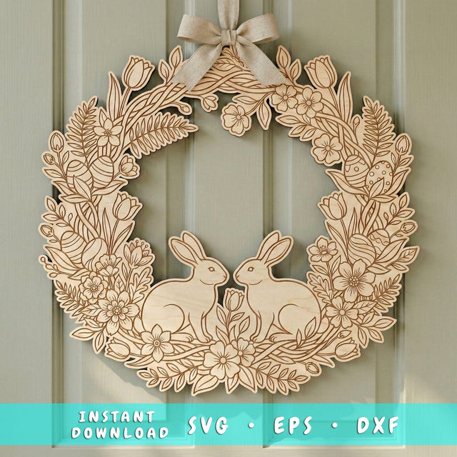 Easter Bunny Wreath Laser SVG, Spring Door Hanger Laser Cut File, Floral Rabbit Door Sign Dxf, Plywood Cricut Glowforge Cnc Project SVG HappyDesignStudio 