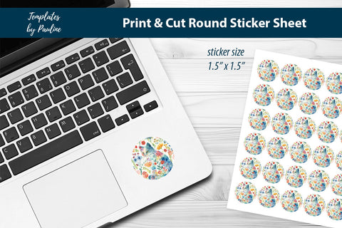 Easter Cat Round Sticker Sheet, Cute Cat Digital Sticker SVG Templates by Pauline 