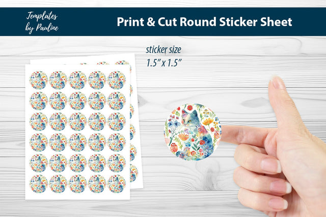 Easter Cat Round Sticker Sheet, Cute Cat Digital Sticker SVG Templates by Pauline 