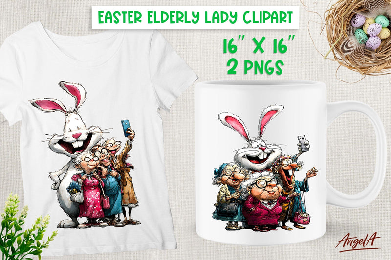 Easter clipart Friendship Happy Elderly people Bunny PNG Sublimation Angelina Semenova 