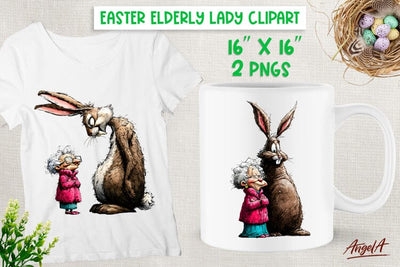 Easter clipart Funny Elderly lady with Bunny Humor adult PNG Sublimation Angelina Semenova 