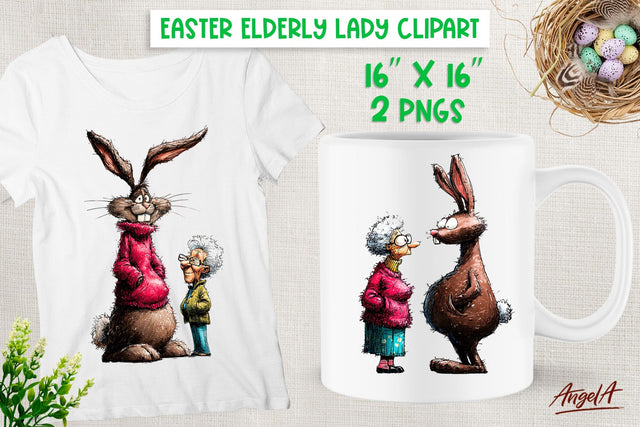 Easter clipart Funny Elderly lady with Bunny PNG Sublimation Angelina Semenova 