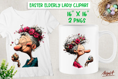 Easter clipart Funny elderly lady with egg Floral Wreath PNG Sublimation Angelina Semenova 