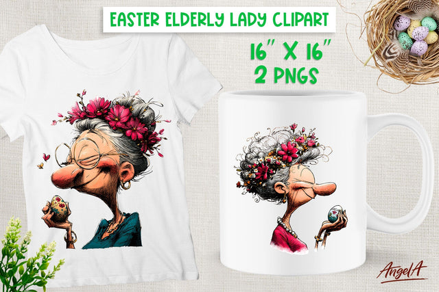 Easter clipart Funny elderly lady with egg Floral Wreath PNG Sublimation Angelina Semenova 