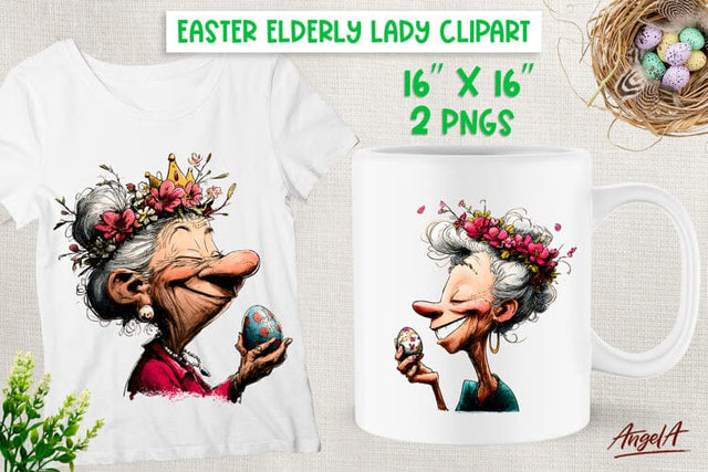 Easter clipart Funny elderly lady with egg Spring Wreath PNG Sublimation Angelina Semenova 