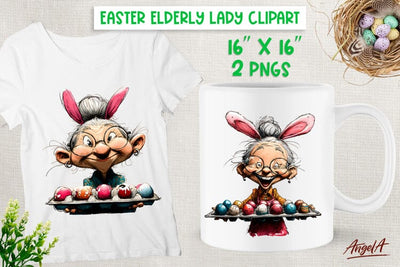 Easter clipart Funny Elderly lady with eggs Bunny ears PNG Sublimation Angelina Semenova 