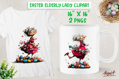 Easter clipart Funny Elderly lady with eggs Grandmother PNG Sublimation Angelina Semenova 