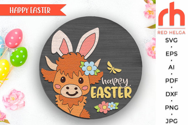 Easter Cow Door Sign SVG, Highland Cow Calf Hanger Cut File SVG RedHelgaArt 