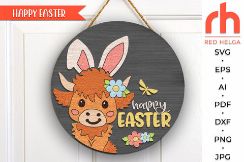 Easter Cow Door Sign SVG, Highland Cow Calf Hanger Cut File SVG RedHelgaArt 
