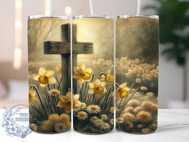 Easter Cross Floral Tumbler, Easter Tumbler Wrap, Daffodil Flower Png, Religious Easter Design, 20oz Skinny Tumbler, Christian Cross Wrap, Spring Sublimation Sublimation ToriDesigns 