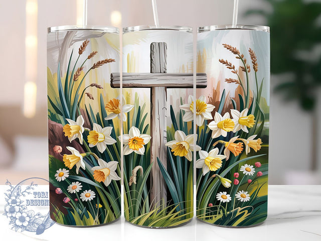 Easter Cross Floral Tumbler, Easter Tumbler Wrap, Daffodil Flower Png, Religious Easter Design, 20oz Skinny Tumbler, Christian Cross Wrap, Spring Sublimation Sublimation ToriDesigns 
