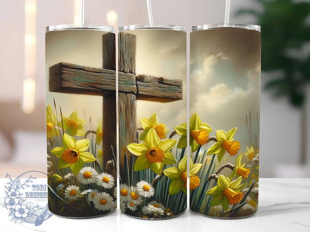 Easter Cross Floral Tumbler, Easter Tumbler Wrap, Daffodil Flower Png, Religious Easter Design, 20oz Skinny Tumbler, Christian Cross Wrap, Spring Sublimation Sublimation ToriDesigns 