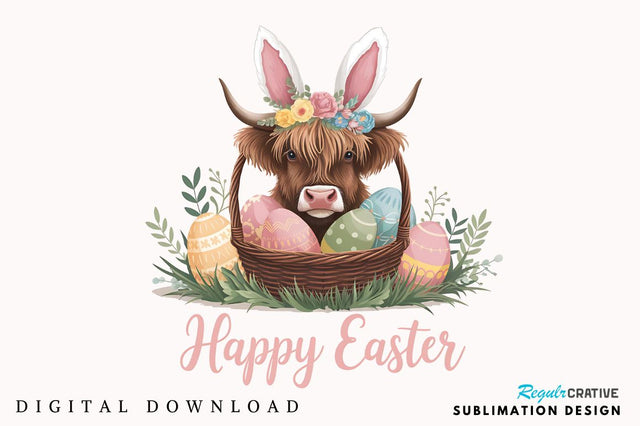 Easter Day Highland Cow PNG, Cute Cow Sublimation Design Sublimation Regulrcrative 