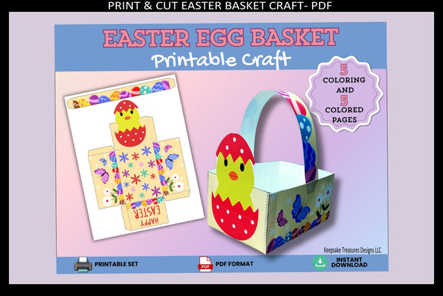 Easter Egg Basket Printable Craft for Kids, DIY Chick Basket Template, Easter Coloring Activity, Instant Download PDF Sublimation Keepsake Treasures Designs LLC. 