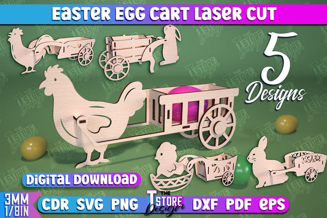 Easter Egg Cart Laser Cut Bundle, Happy Easter Egg Holders SVG, Easter Box, Easter Bunny Single Egg Holder, Easter Eggs Holder Stand SVG The T Store Design 