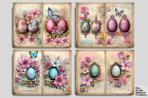 Easter Egg Digital Junk Journal Double Pages | Spring Butterfly Floral Digital Pattern Fine Purple Elephant Creations 