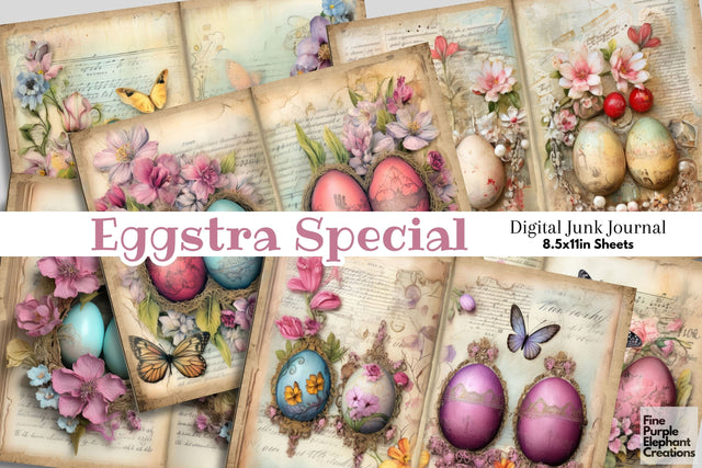 Easter Egg Digital Junk Journal Double Pages | Spring Butterfly Floral Digital Pattern Fine Purple Elephant Creations 