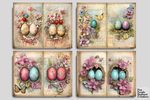 Easter Egg Digital Junk Journal Double Pages | Spring Butterfly Floral Digital Pattern Fine Purple Elephant Creations 