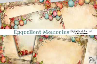 Easter Egg Frame Digital Junk Journal Double Pages | Spring Bunny Digital Pattern Fine Purple Elephant Creations 