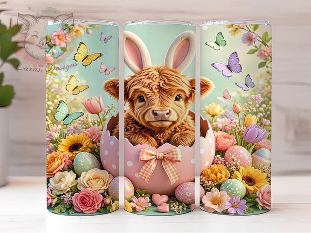 Easter Egg Highland Cow 20oz Tumbler, Easter Theme, Egg Motif, Highland Cow Design, Spring Accent, Rustic Style, Sublimation Wrap, 20oz Tumbler Sublimation Lara' s Designs 