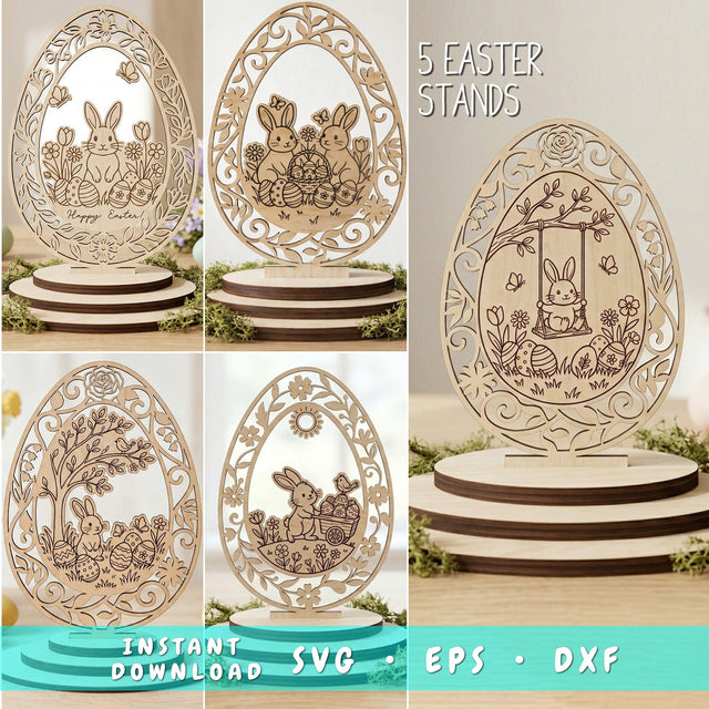 Easter Egg Stand SVG Bundle, 5 Easter Bunny Laser Cut Files, Easter Decor Stands, Easter Table Decor for Glowforge Cricut CNC SVG HappyDesignStudio 