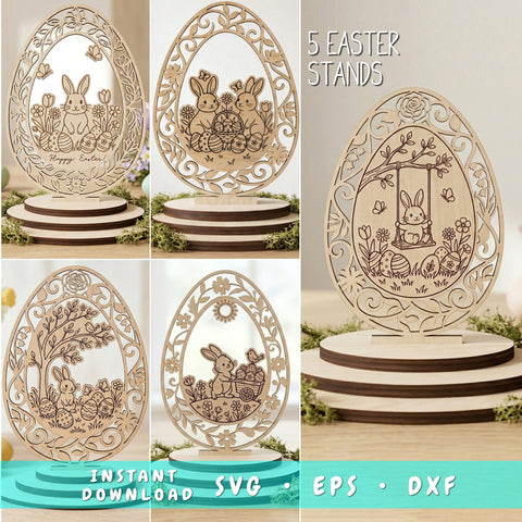 Easter Egg Stand SVG Bundle, 5 Easter Bunny Laser Cut Files, Easter Decor Stands, Easter Table Decor for Glowforge Cricut CNC SVG HappyDesignStudio 