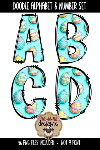 Easter Eggs Doodle Alphabet Numbers | Patterned PNG Sublimation Ewe-N-Me Designs 