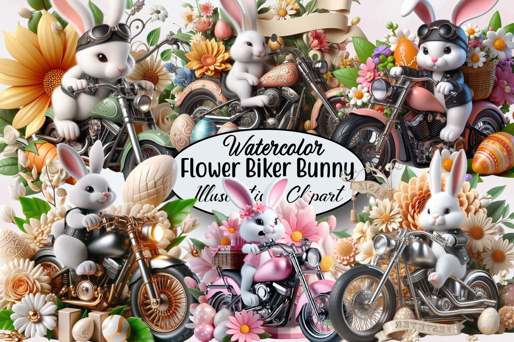 Easter Flower Biker Bunny Clipart PNG - So Fontsy