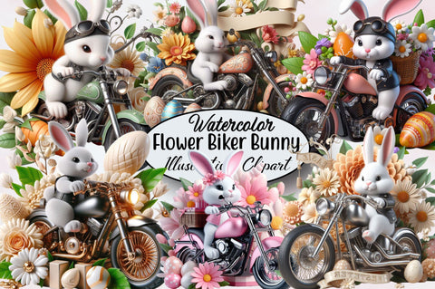 Easter Flower Biker Bunny Clipart PNG Sublimation SVGArt 